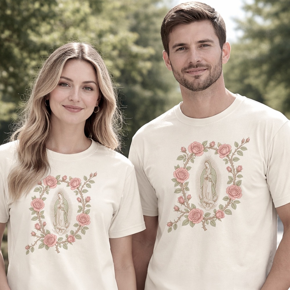 Our Lady of Guadalupe Standing in Rose Thorn Border Tee